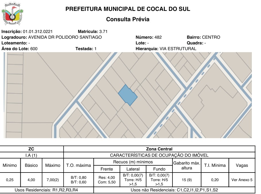 Terreno em Cocal do Sul, Centro, Avenida Doutor Polidoro Santiago, N. 482, 40m Da R. Rui Barbosa Parte Lts 163, 1, SC. Área: 600m2