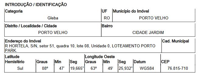 Outros em Porto Velho, Cidade Jardim, Rua Hortela, N. S/N, Qd 10, Setor 51, Lt 829, RO. Área: 6017.25m2