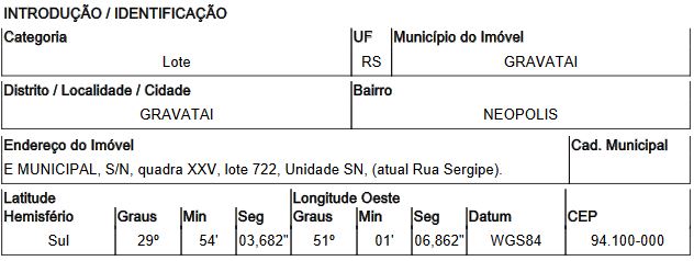 Terreno em Gravataí, Neopolis, Rua Sergipe, N. S/N, Apto L), Qd Xxv, Lt 722, RS. Área: 550m2