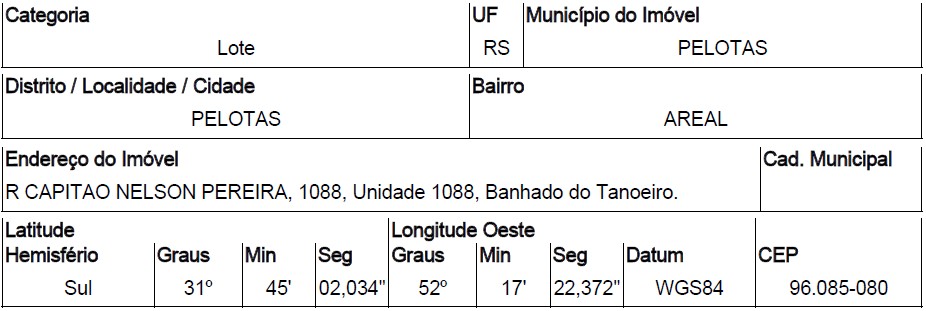 Terreno em Pelotas, Areal, Rua CapitÃO Nelson Pereira, N. 1088, Banhado Do Tanoeiro, RS. Área: 3080m2