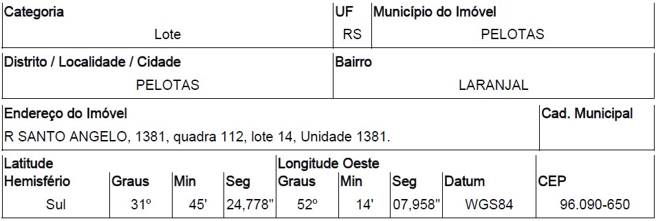 Terreno em Pelotas, Laranjal, Rua Santo Angelo, N. 1381, Qd 112, Lt 14, RS. Área: 300m2