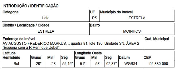 Terreno em Estrela, Moinhos, Avenida Augusto Frederico Markus, N. Sn, Parte Qd 81, Lt 190, A02, RS. Área: 786.45m2