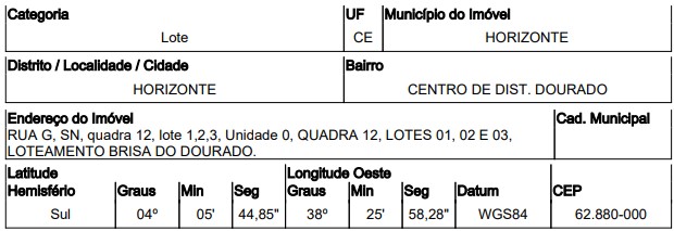 Terreno em Horizonte, Centro Dist. Dourado, Rua G, N. 00, Qd 12, Lts 1, 2 E 3, CE. Área: 1218m2