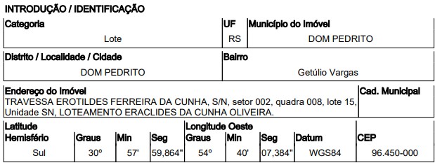 Terreno em Dom Pedrito, Getulio Vargas, Travessa Erotildes Ferreira Da Cunha, N. 00, Qd 08, Lt 15, St 002, RS. Área: 176m2