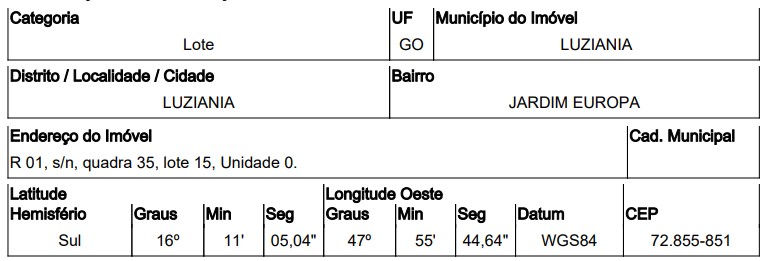Terreno em Luziânia, Jardim Europa, Rua 1, N. Sn, Qd 35, Lt 15, GO. Área: 390m2