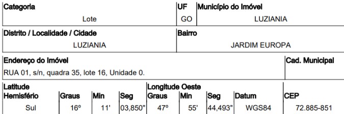 Terreno em Luziânia, Jardim Europa, Rua 1, N. Sn, Qd 35, Lt 16, GO. Área: 352.5m2