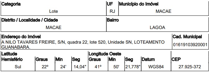 Terreno em Macaé, Lagoa, Avenida Nilo Tavares Freire (Antiga Avenida B), N. 00, Qd 22, Lt 520, RJ. Área: 469m2