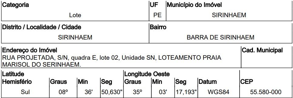 Terreno em Sirinhaém, Barra De Sirinhaúm, Rua Projetada, N. 00, Qd E, Lt 02, PE. Área: 396m2