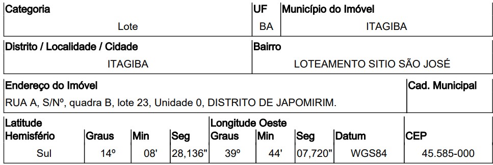 Terreno em Itagibá, Japumirim, Rua A, N. 00, Qd B, Lt 23, BA. Área: 200m2