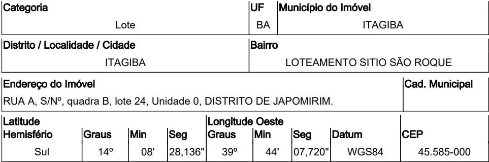 Terreno em Itagibá, Japumirim, Rua A, N. 00, Qd B, Lt 24, BA. Área: 200m2
