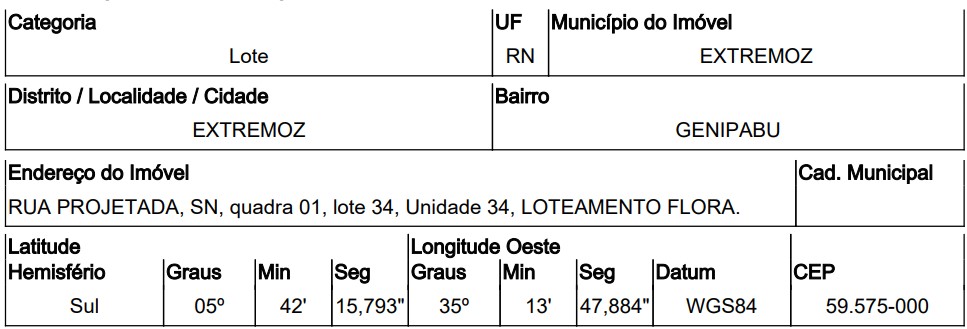 Terreno em Extremoz, Genipabu, Rua Projetada, N. 00, Qd 01, Lt 34, RN. Área: 450m2