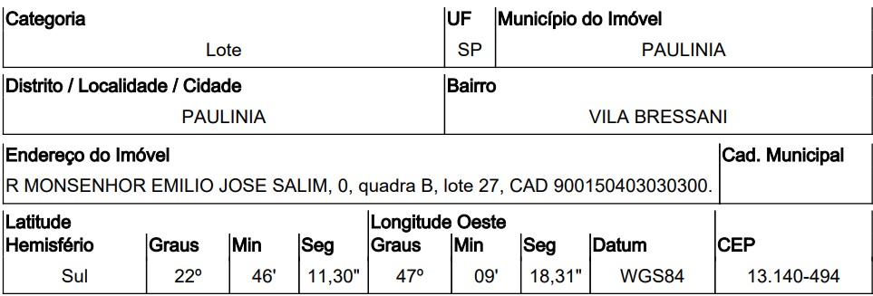 Terreno em Paulínia, Vila Bressani, Rua Monsenhor Emilio Jose Salim, N. Sn, Qd B  Lt 27, SP. Área: 290.7m2