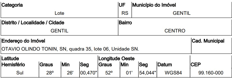 Terreno em Gentil, Centro, Avenida OtÁVio Olindo Tonin, N. 00, Qd 35, Lt 06, RS. Área: 359.65m2