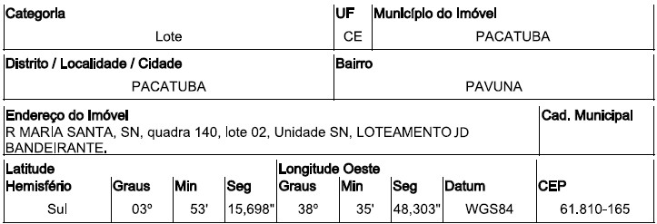 Terreno em Pacatuba, Pavuna, Rua Maria Santa, N. 00, Qd 10, Lt 02, CE. Área: 363m2