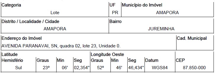 Terreno em Amaporã, Zona Industrial, Avenida ParanavaÍ, N. 00, Qd 02, Lt 23, PR. Área: 585m2 Terreno em Amaporã, Zona Industrial, Avenida ParanavaÍ, N. 00, Qd 02, Lt 23, PR. Área: 585m2