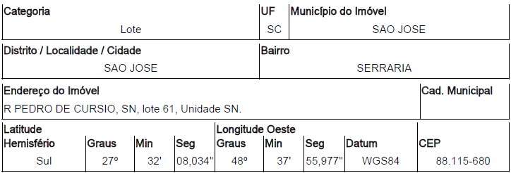 Terreno em São José, Serraria, Rua Pedro D. Cursio, N. 00, Lt 61, SC. Área: 316.8m2