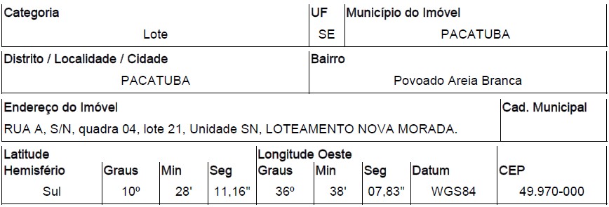Terreno em Pacatuba, Povoado Areia Branca, Rua A, N. 00, Qd 04, Lt 21, SE. Área: 192m2
