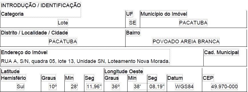 Terreno em Pacatuba, Povoado Areia Branca, Rua A, N. 00, Qd 05, Lt 13, SE. Área: 210.14m2
