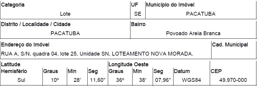 Terreno em Pacatuba, Povoado Areia Branca, Rua A, N. 00, Qd 04, Lt 25, SE. Área: 228.72m2