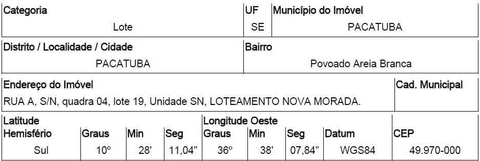 Terreno em Pacatuba, Povoado Areia Branca, Rua A, N. 00, Qd 04, Lt 19, SE. Área: 192m2