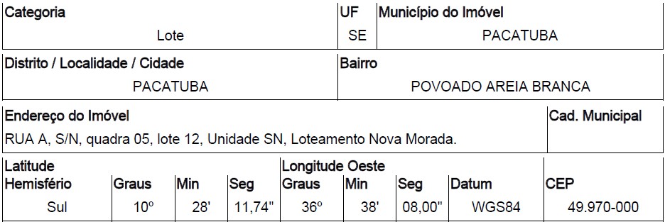 Terreno em Pacatuba, Povoado Areia Branca, Rua A, N. 00, Qd 05, Lt 12, SE. Área: 176.4m2