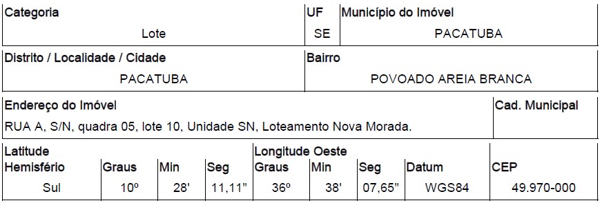 Terreno em Pacatuba, Povoado Areia Branca, Rua A, N. 00, Qd 05, Lt 10, SE. Área: 176.4m2