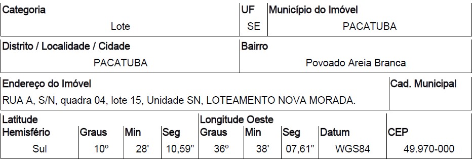 Terreno em Pacatuba, Povoado Areia Branca, Rua A, N. 00, Qd 04, Lt 15, SE. Área: 192m2