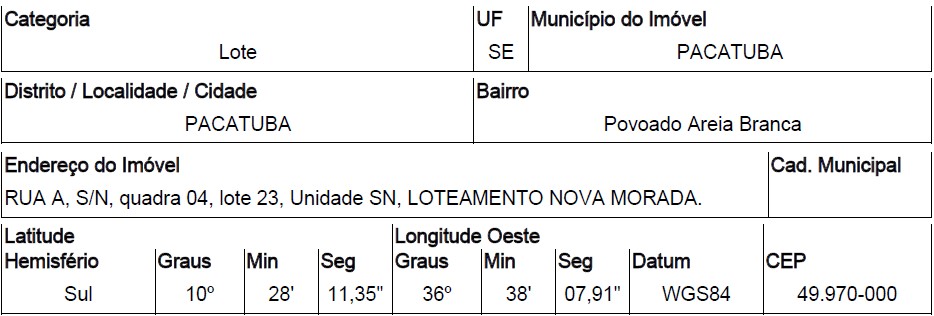 Terreno em Pacatuba, Povoado Areia Branca, Rua A, N. 00, Qd 04, Lt 23, SE. Área: 192m2