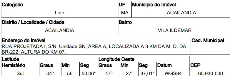Terreno em Açailândia, Vila Ildemar, Rod Br 222, N. Sn, Km 07, MA. Área: 2238.28m2